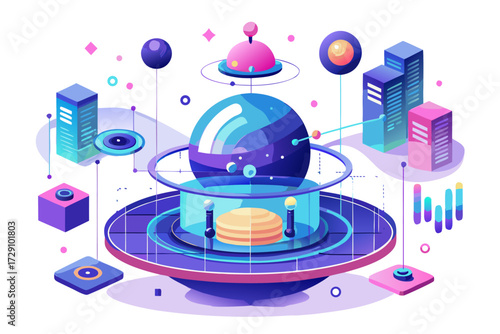 
Modern digital workspace showing artificial intelligence technology with holographic data analytics and virtual dashboards. A professional working on a laptop surrounded by futuristic AI visualizatio