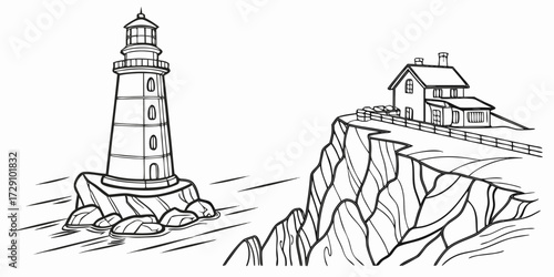 Iconic lighthouse guiding ships from rugged coastal cliffs near a charming seaside dwelling