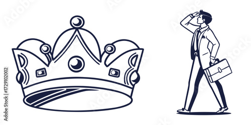 Ambitious businessman with briefcase gazes towards a shining crown, symbolizing aspiration and career goals.