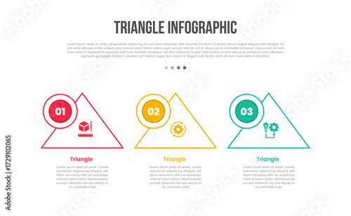triangle base shape infographics template diagram with sharp edge and big circle badge on top side with 3 point step creative simple flat outline