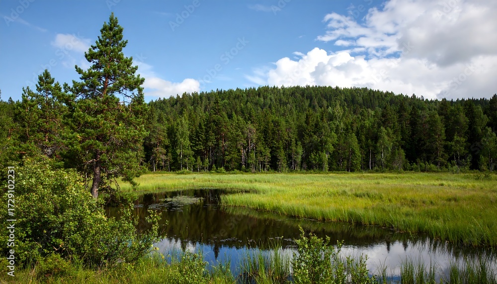 Fototapeta premium Expansive forest landscape with a tranquil pond