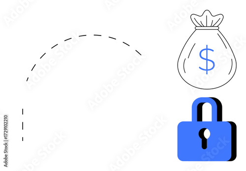 Dashed path connecting a money bag and a lock, symbolizing financial security, safe transactions, and trust. Ideal for finance, safety, banking, savings, investment fraud prevention simple flat