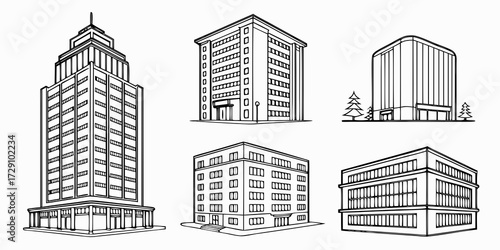 Diverse collection of professional building outlines, perfect for urban planning, architectural concepts, and commercial design projects.
