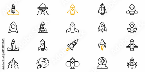 Dynamic collection of rocket and spaceship icons, perfect for illustrating space exploration, innovation, and futuristic concepts with bold lines and energetic flair.