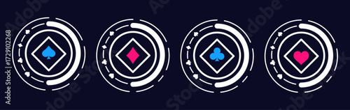 Casino game chips set with blue and pink playing card suits like spade, diamond, club, heart on a dark background. Perfect for gambling concepts. Vector illustration.