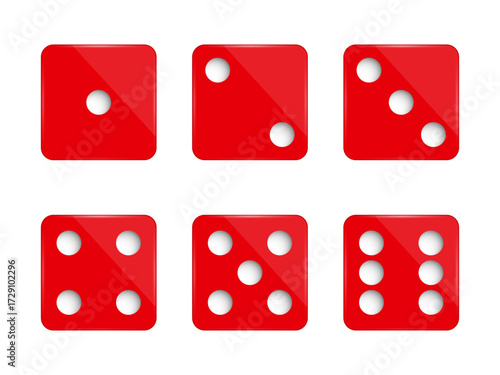 Set of six glossy red dice faces showcasing numbers one through six, isolated on white background. Perfect for games, luck, and probability concepts.