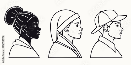 Diverse young faces in profile showcase unity and individuality with clean, modern artistic style perfect for branding and design projects