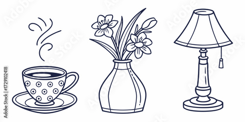 Cozy morning scene with steaming coffee, fresh flowers in a vase, and an elegant table lamp creating a warm, inviting atmosphere for relaxation and study.