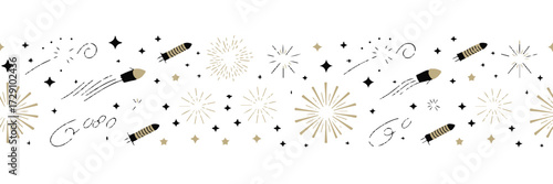 seamless festive fireworks vector pattern black gold stars rockets sparks for celebration greeting cards and banners