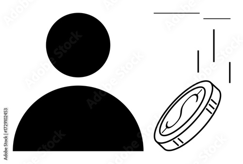 Black silhouette of a person next to a falling coin with motion streaks. Ideal for finance, investment, business planning, entrepreneurship, decision-making, wealth, economic impact. Simple flat