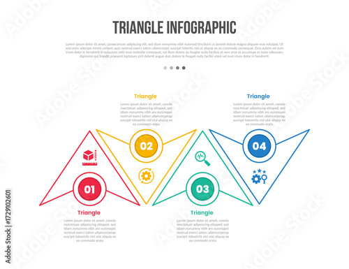 triangle base shape infographics template diagram with sharp arrow upside down on horizontal direction with 4 point step creative simple flat outline