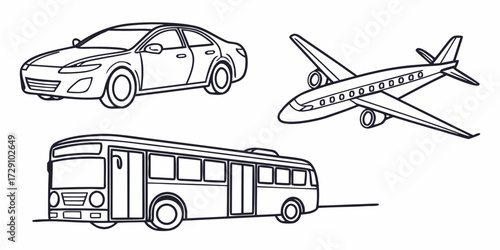 Dynamic trio of transportation icons a sleek car a modern bus and an iconic airplane ready for your next project