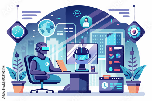 
Modern digital workspace showing artificial intelligence technology with holographic data analytics and virtual dashboards. A professional working on a laptop surrounded by futuristic AI visualizatio