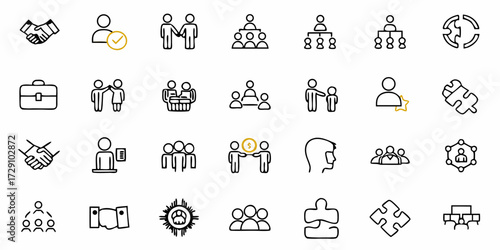 Dynamic business icons depict teamwork collaboration finance success and organizational structure for modern professional use