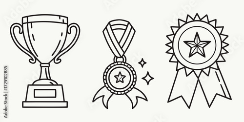 Celebrate achievement with a trophy medal and award ribbon icons symbolizing victory success and recognition for top performers