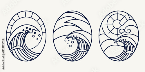 Dynamic ocean waves and sun motifs create a serene and powerful visual narrative perfect for branding, design, or artistic projects seeking natural beauty and motion.