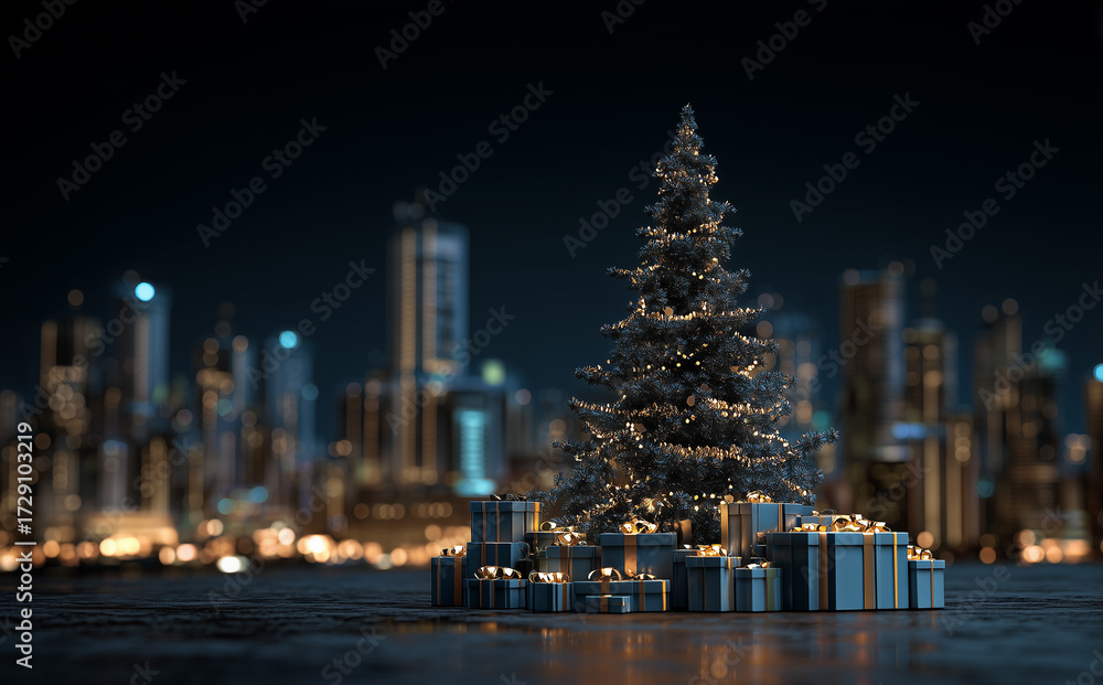 Fototapeta premium Christmas tree and gifts with city skyline at dusk