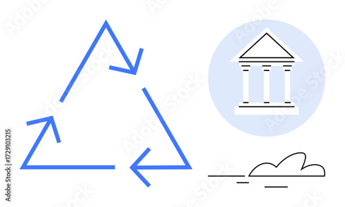 Blue triangle arrows emphasizing sustainability, classical building symbolizing heritage or institutions, cloud for nature. Ideal for environment, conservation, circular economy, social