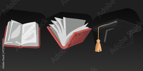 Celebrate academic achievement with graduation cap and open books symbolizing knowledge and learning