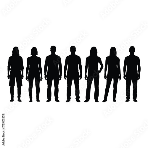 Diverse group of people silhouettes standing together in a line representing community and unity silhouette