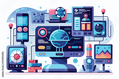 
Modern digital workspace showing artificial intelligence technology with holographic data analytics and virtual dashboards. A professional working on a laptop surrounded by futuristic AI visualizatio