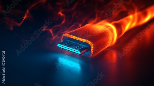 Fiery usb c cable connector glowing with energy isolated on white background