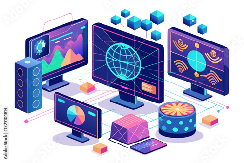 
Modern digital workspace showing artificial intelligence technology with holographic data analytics and virtual dashboards. A professional working on a laptop surrounded by futuristic AI visualizatio