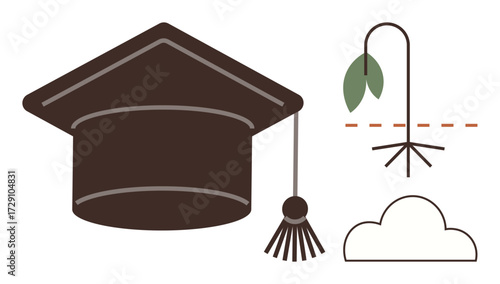 Graduation cap, drooping leaf, and broken base convey struggles in achieving goals, growth barriers, and opportunities for renewal. Ideal for education, challenges, perseverance, growth opportunity
