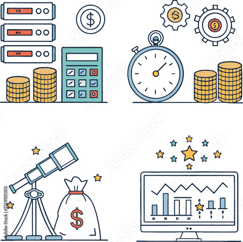 Business and finance icons including calculator coins and telescope Keywords: business, finance, icon