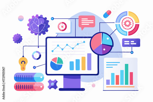 
Modern digital workspace showing artificial intelligence technology with holographic data analytics and virtual dashboards. A professional working on a laptop surrounded by futuristic AI visualizatio