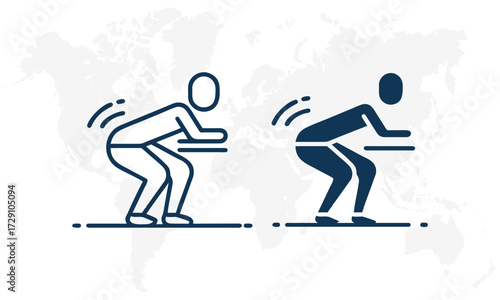 Vector art of two figures in squatting pose, one outlined, one solid, representing exercise or sport
