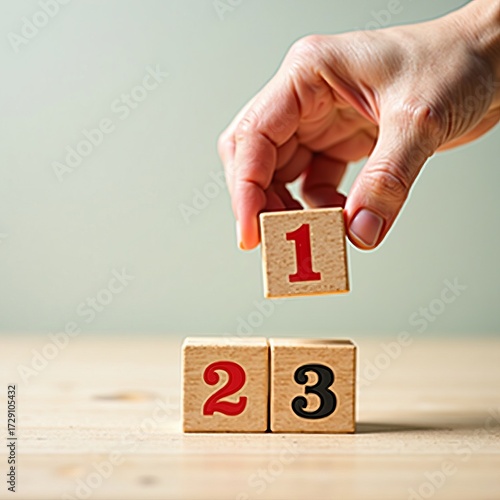 Strategy, ranking and priority concept. Hand building a sequence of 1, 2, 3 with wooden blocks for a step-by-step process.