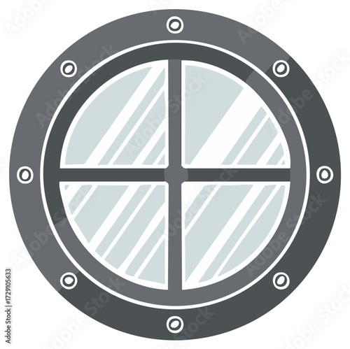 Nautical porthole window illustration with gray metal frame and glass reflections
