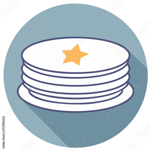 Delicious stack of breakfast pancakes with a golden star in flat design illustration.