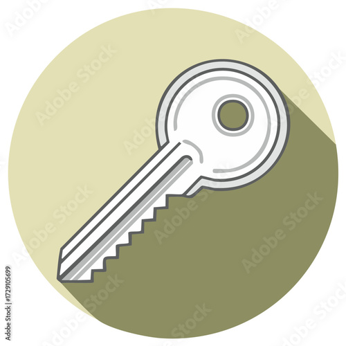 Illustration of a single silver key with a serrated edge and a round head casting a shadow