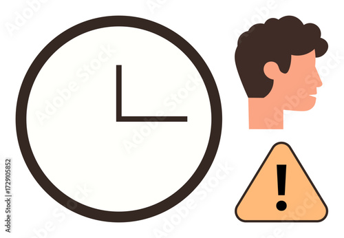 Clock indicating time, human profile symbolizing thought, and warning sign highlight concepts of urgency, planning, reminders, alertness, deadlines, focus productivity. Ideal for scheduling stress