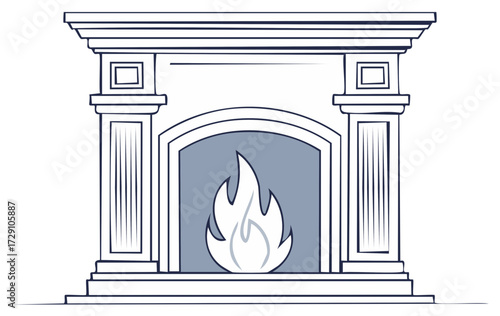 Cozy traditional fireplace with a warm burning flame. Elegant architectural mantelpiece illustration.