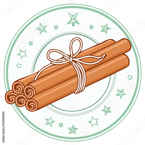 Cinnamon sticks tied with a bow on festive plate with stars seasonal spice