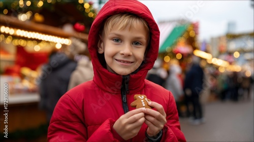 Joyful child enjoying gingerbread cookie at festive market winter wonderland portrait cheerful atmosphere close-up holiday spirit