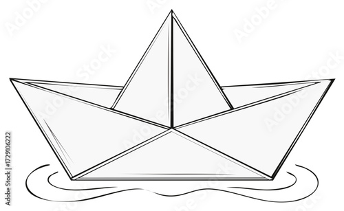 Minimalist line art drawing of a white paper boat floating on stylized water waves