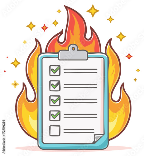 Cartoon image of a checklist on fire with checkmarks and star bursts
