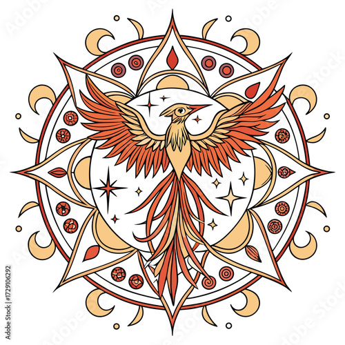 Intricate mythical phoenix bird mandala design with detailed feathers and geometric patterns