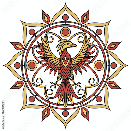 Intricate mythical phoenix bird mandala design with detailed feather and flame elements