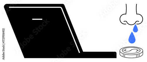 Laptop beside dripping nose and coin, linking technology, wellness, and finances. Ideal for themes thumbs up online healthcare, tech challenges, productivity, digital finance, stress remote work
