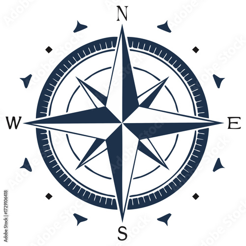 Classic dark blue compass rose with North South East West indicators and directional points