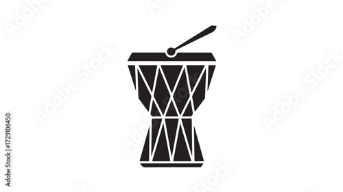 Bold black silhouette of a traditional djembe drum with a beater poised for action, ready to create vibrant rhythms and energetic beats for cultural events, music production, or global celebrations.