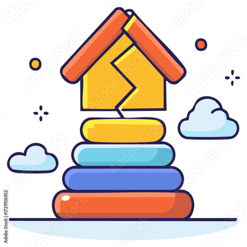 Divided house on a colorful ring stacker toy symbolizing family separation and divorce