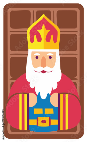 Stylized traditional saintly character with miter and beard flat design illustration