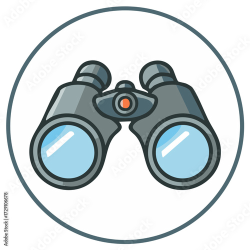 Cartoon binoculars icon illustration with blue lenses in a circular frame