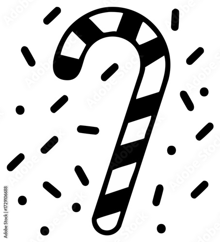 Striped candy cane with decorative sprinkles, Christmas holiday sweet treat icon drawing, graphic design.